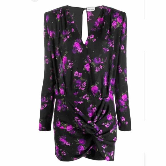 Magda Butrym Dark Floral Printed Silk Pesaro Mini Dress Size US 6 UK 10 FR 38